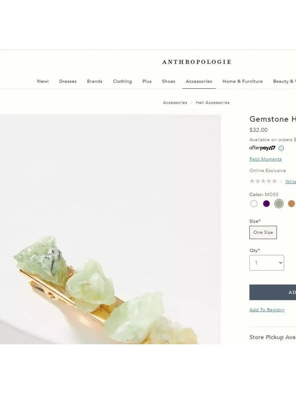Anthropologie Gemstone Hair Clip in Moss